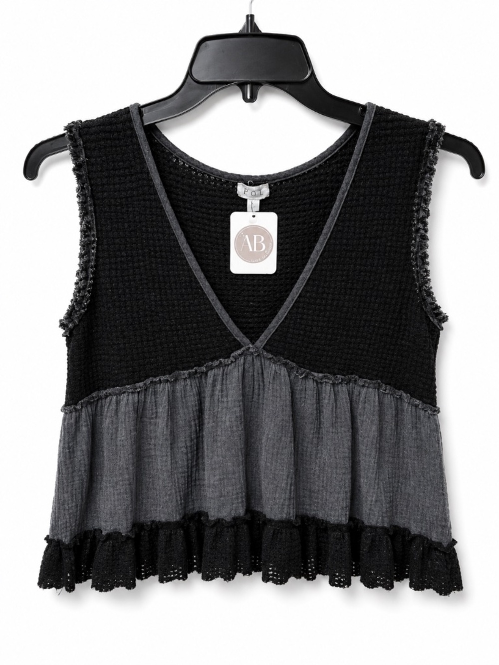 AB velour ruffle boutique baby doll tshirt NWT size large black multi
